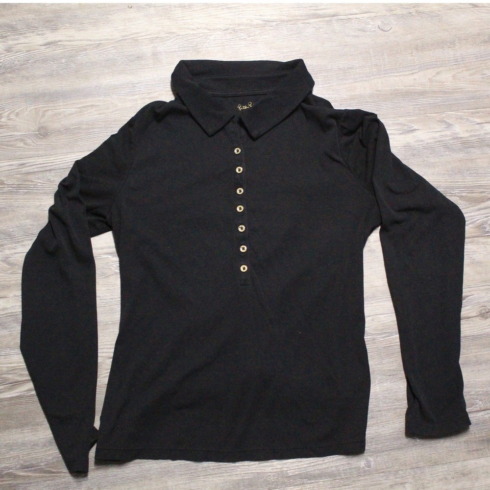Lilly Pulitzer Women's Large Long Sleeve Polo Shirt Black Button Front